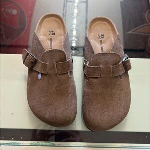 New Brown Suede Clogs Slip On Buckle Mule Comfort Shoes Casual Size 7.5